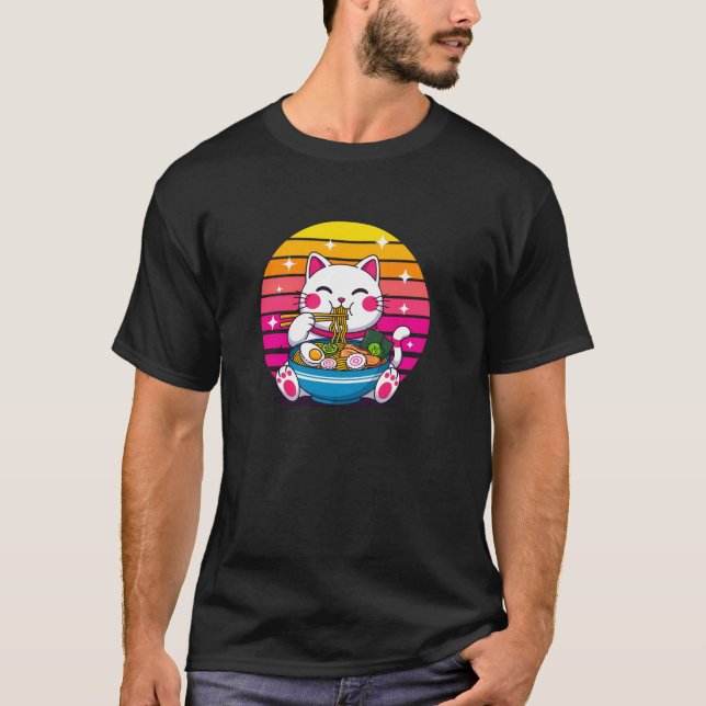 T-shirt Kawaii Anime Cat Ramen Retro Japanese Noodles Cute (Devant)