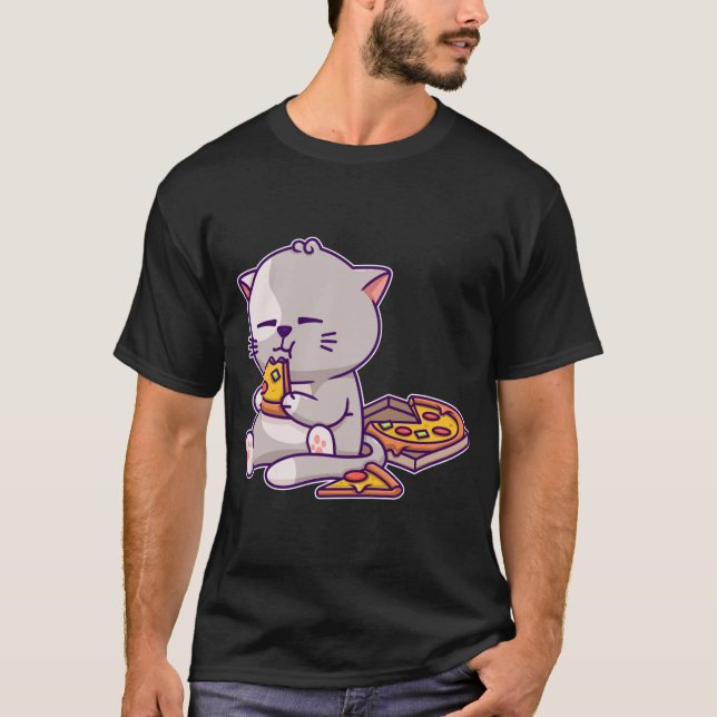 T-shirt Kawaii Anime Chat Manger Pizza Cute Kitten Chat Ne (Devant)