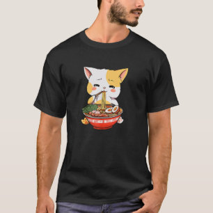 T-shirt Kawaii Anime Chat Manger Ramen Japonais Nouilles C