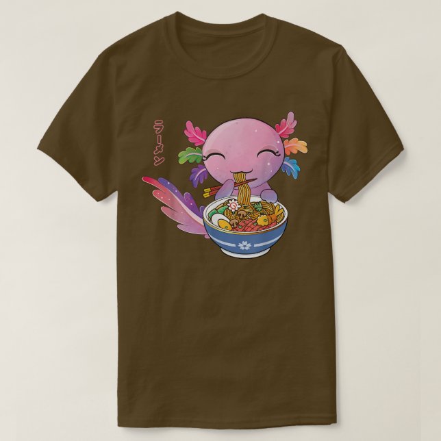 T-shirt Kawaii Axolotl Eating Ramen Japanese Noodles Anime (Design devant)
