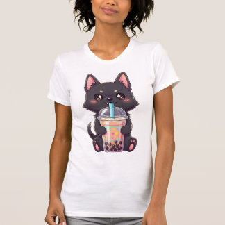 T-shirt Kawaii Black Cat Sipping Boba Tea - Cute Anime