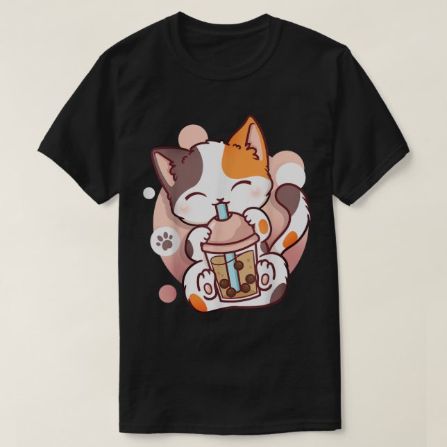 T-shirt Kawaii Boba Cat Drinking Bubble Tea Tee (Design devant)