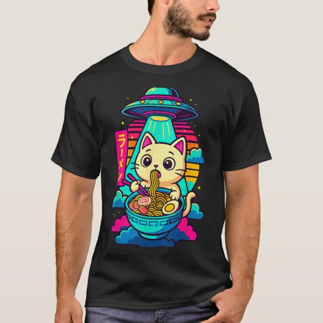 T-shirt Kawaii Cat Alien Ufo Ramen Graphic Tee Funny Japan (Devant)