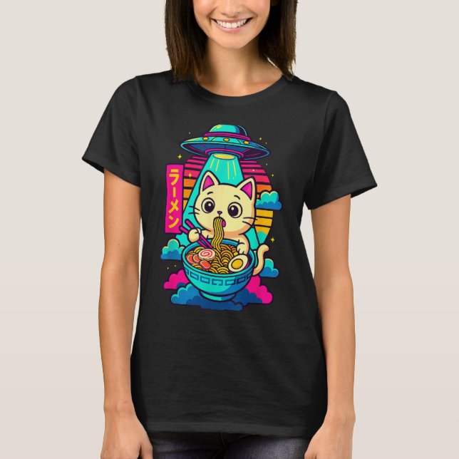 T-shirt Kawaii Cat Alien Ufo Ramen Graphic Tee Funny Japan (Devant)
