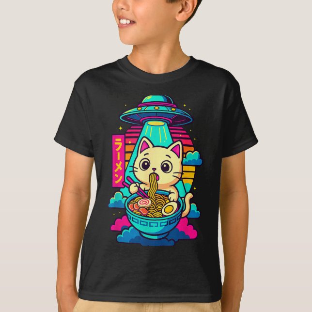 T-shirt Kawaii Cat Alien Ufo Ramen Graphic Tee Funny Japan (Devant)
