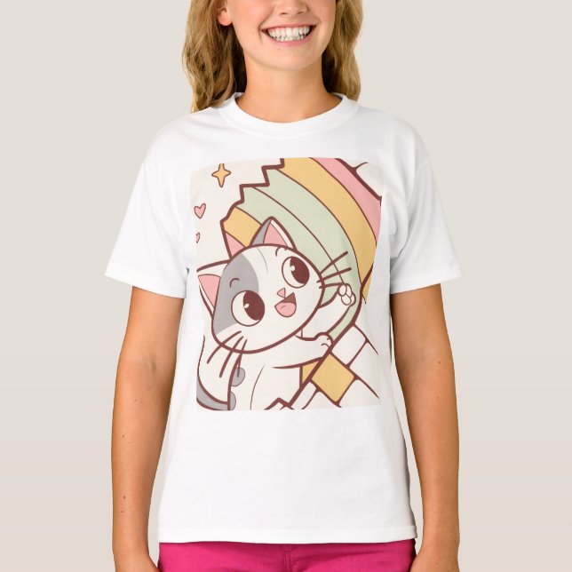 T-shirt Kawaii Cat Bursting Wall clock cute  (Devant)