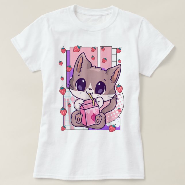 T-shirt Kawaii Cat Drinking Strawberry Milk (Design devant)