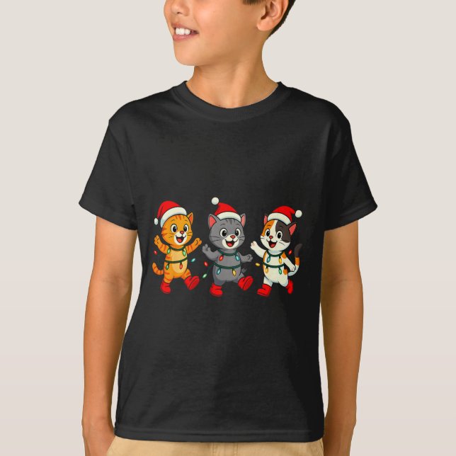 T-shirt Kawaii Cats Santa Hat Dancing Lights Christmas Dan (Devant)