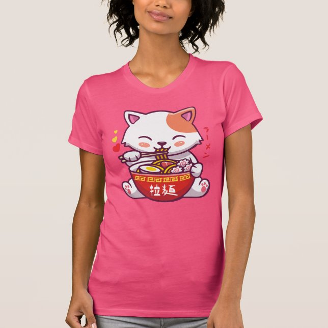 T-shirt Kawaii Chat aime Ramen | Anime Kitty manger Ramen (Devant)