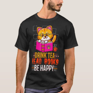 T-shirt Kawaii Chat Boire Thé Lire Livres Happy Livre
