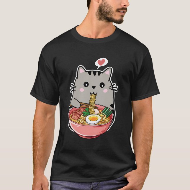 T-shirt Kawaii Chat Manger Ramen Noodles Kawaii Anime Chat (Devant)