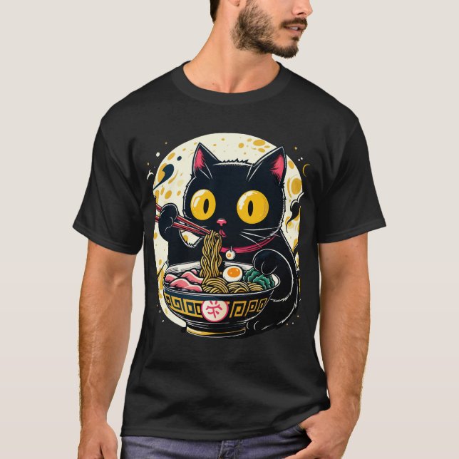T-shirt Kawaii Chat Manger Ramen nouilles Anime Gif Ados (Devant)