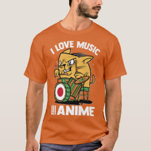 T-shirt Kawaii Drummer Cat  I Love Music And Anime  Otaku 
