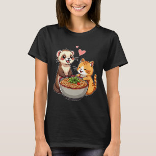 T-shirt Kawaii Ferret Et Chat Manger Ramen Cute Japonaise 