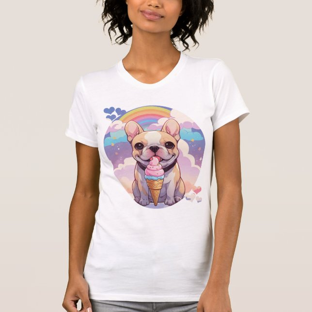 T-shirt Kawaii French Bulldog Crème glacée Arc-en-ciel (Devant)
