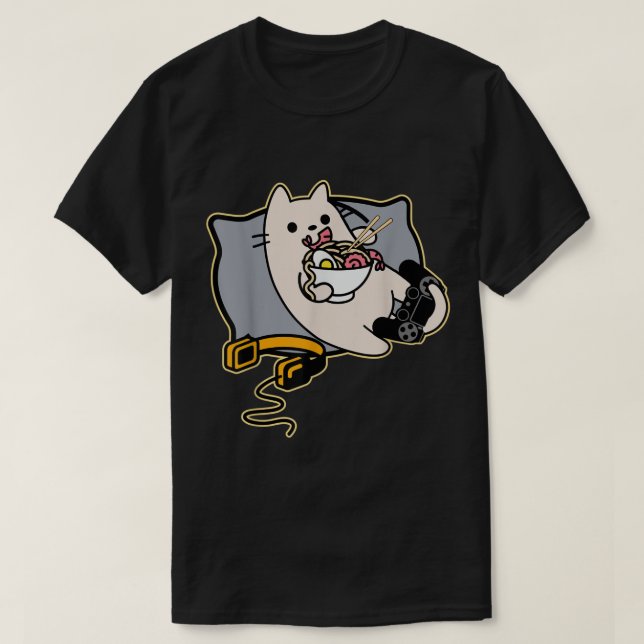 T-shirt Kawaii Gamer Cat Eating Ramen (Design devant)