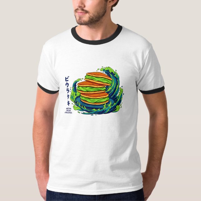 T-shirt Kawaii Matcha Cream Pancakes Ocean Wave Art (Devant)
