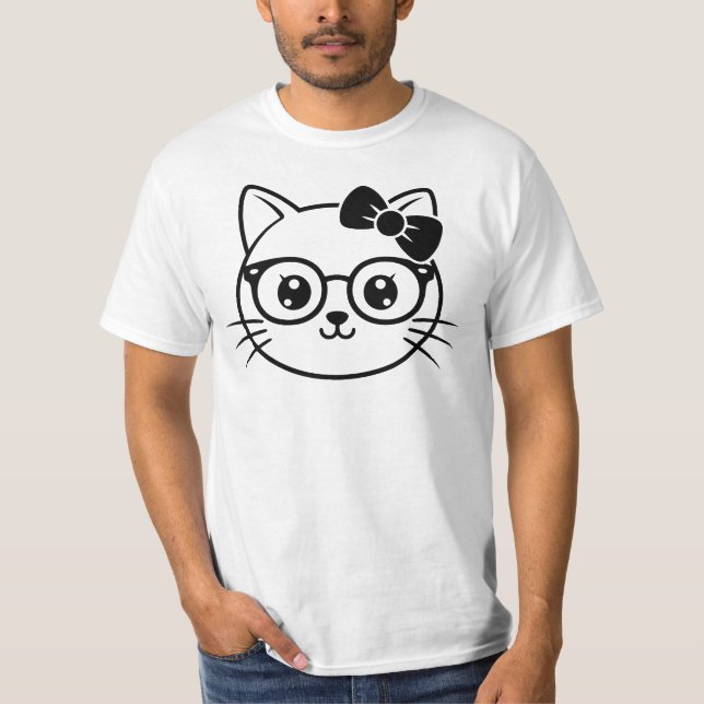 T-shirt Kawaii Nerdy Cat Face with Glasses and Bow Line Ar (Devant)