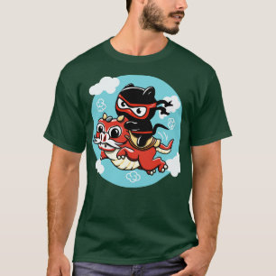 T-shirt Kawaii Ninja Chat à cheval sur un Dragon Rouge