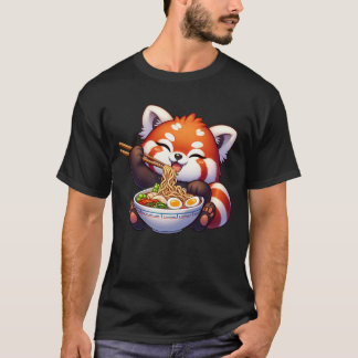 T-shirt Kawaii Panda Rouge Manger Ramen Noodle Anime