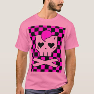 T-shirt Kawaii Psychobilly Rose Clair Crâne & Damier