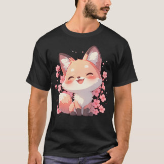T-shirt Kawaii Sakura Kitsune Renard Cerisier Mignon