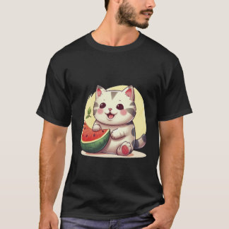 T-shirt Kawaii Spotted Cat with Watermelon Summer Art ✨🐾