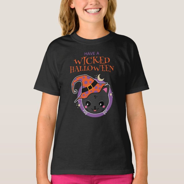 T-shirt Kawaii Witch Cat Halloween (Devant)