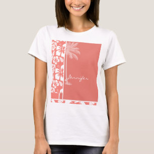 T-shirt Ketmie tropicale rose de corail ; Paume d'été