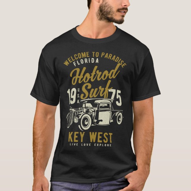 T-shirt Key West Florida Retro Hotrod Surf Distressed  7 (Devant)
