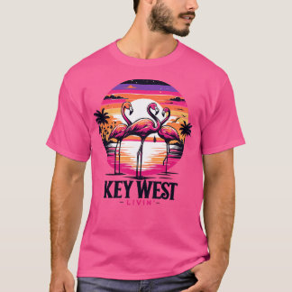 T-shirt Key West Livin Flamant rose Tropical Scène De Nuit