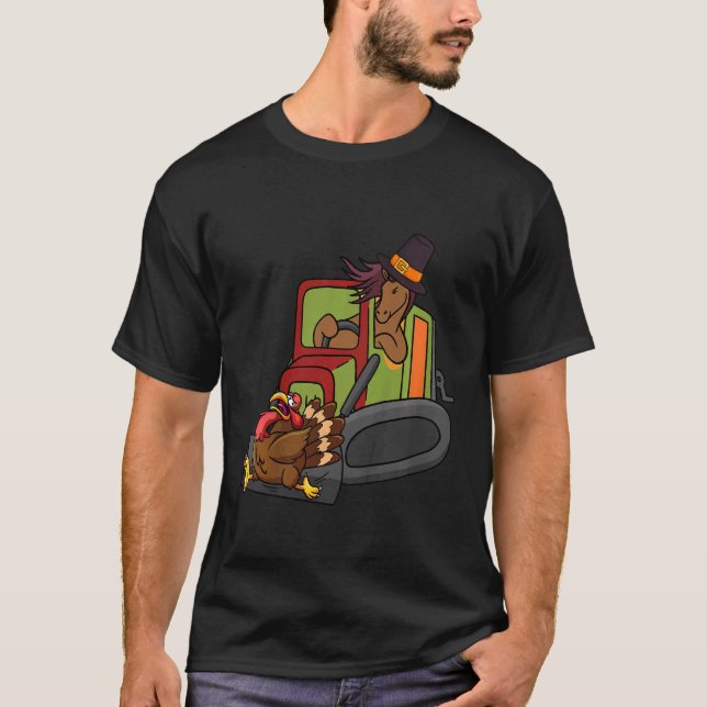 T-shirt Kids Horse Riding Bulldozer Turkey Thanksgiving Da (Devant)