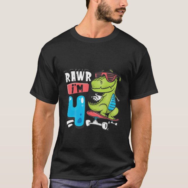 T-shirt Kids Rawr I'm 4 T Rex Dinosaur Skateboard Boys 4E (Devant)