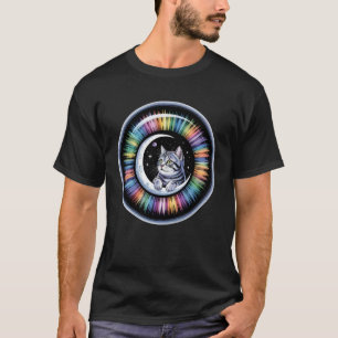 T-shirt Kit Chat Yeux Croissant Lune Arc-en-Ciel Cosmique
