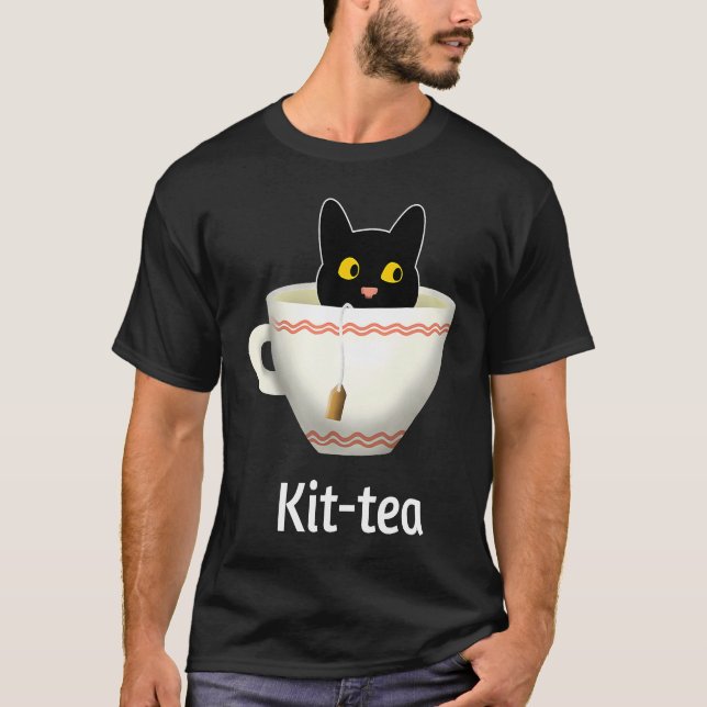 T-shirt Kit Tea  Cat  , Cute Black Cat Kitty in Kittea (Devant)