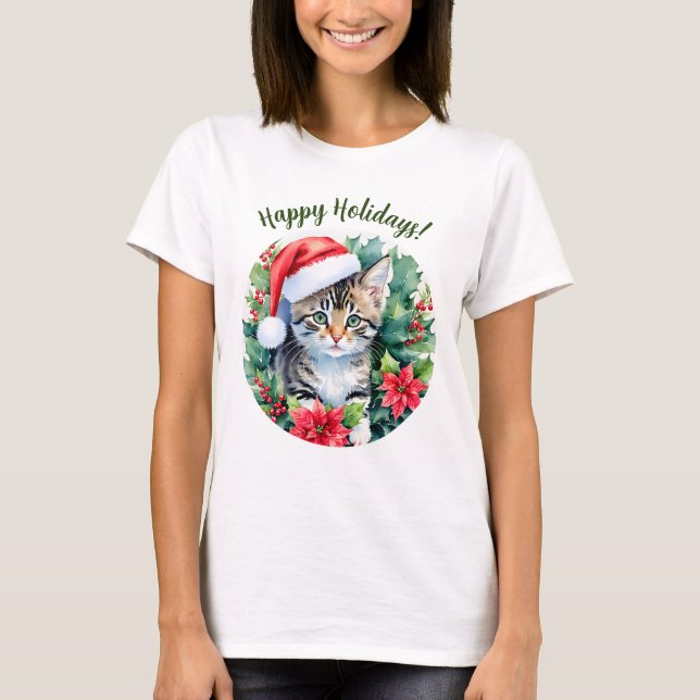 T-shirt Kitten À Santa Hat Joyeuses Vacances Noël Art (Devant)
