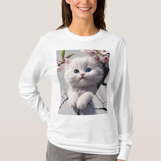 T-shirt Kitten Blanc Parmi Les Fleurs De Cerisiers (Devant)