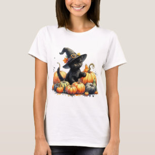T-shirt Kitten d'Halloween noir avec Citrouilles et Casque