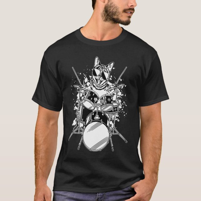 T-shirt Kitten Kitty Cat Drummer Wearing Sunglasses Playin (Devant)