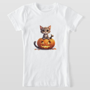 T-Shirt Kitty Halloween qui regarde d'une décoration de ci