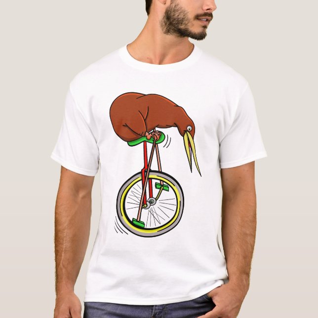 T-shirt Kiwi Monte Un Monocycle Pédalant Avec De Longs Pot (Devant)