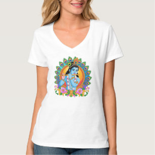T-shirt Krishna jouant de la flûte avec des plumes de paon