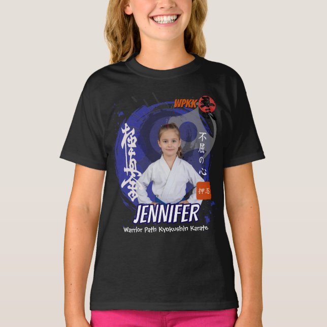 T-shirt Kyokushin Girl Blue Belt Personalized Team  (Devant)