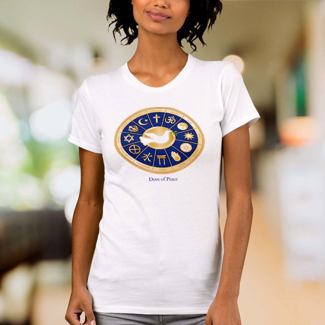 T-shirt La colombe de la paix (Dove of Peace T-Shirt
Customize with your text. Gold icons of world faiths around the Dove of Peace.)