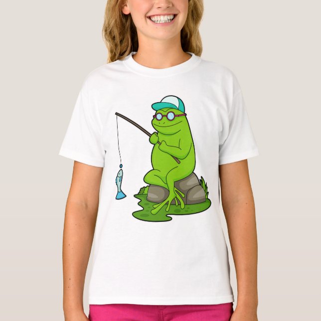 T-shirt La grenouille comme pêcheur avec la canne à pêche  (Devant)