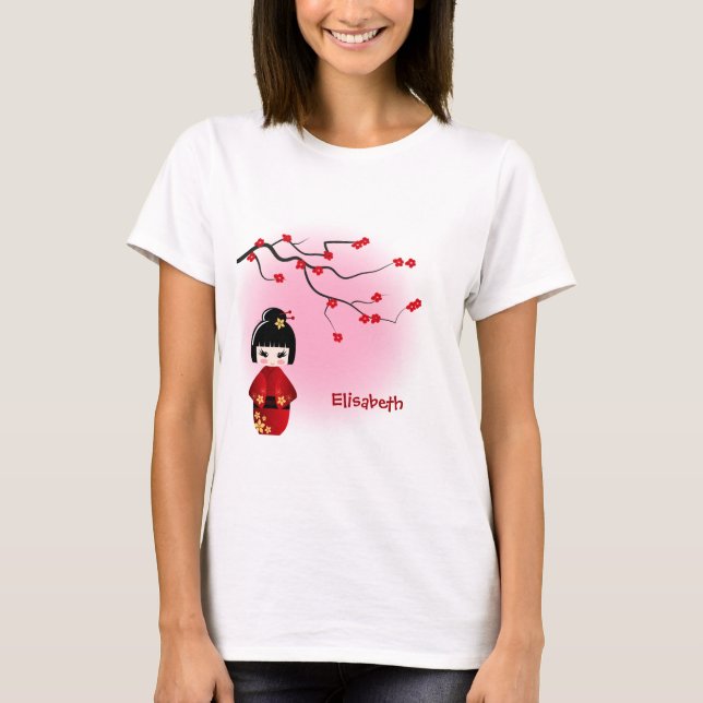 T-shirt La poupée japonaise de kokeshi à Sakura fleurit (Devant)