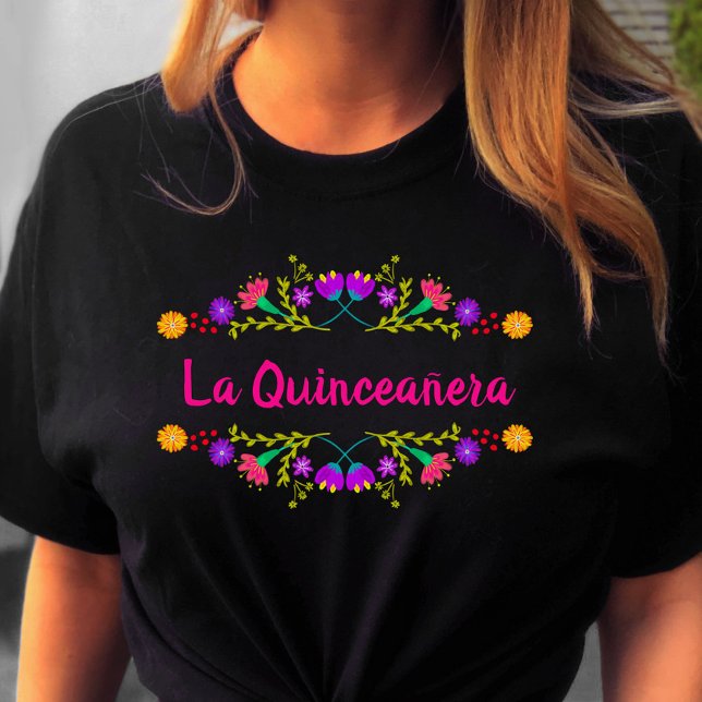 T-shirt La Quinceanera Mexicaine Fiesta Black Anniversaire (Quinceanera tee from my Mexican Fiesta Floral collection)