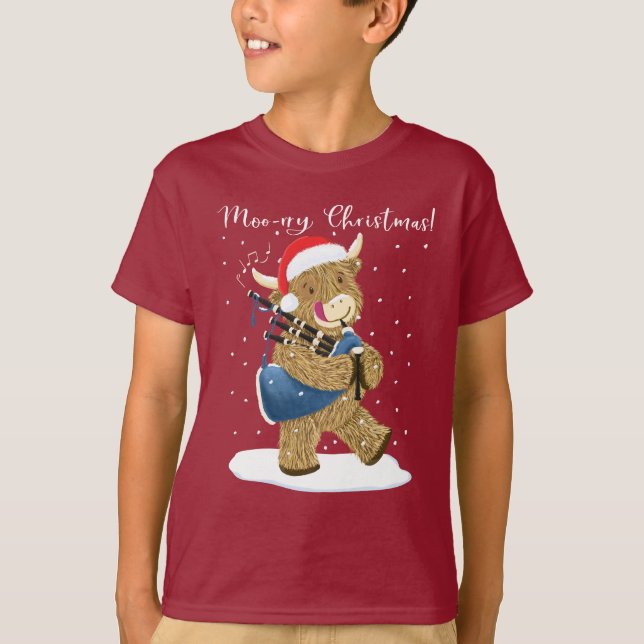 T-shirt La vache écossaise Highland Joue des pipes de Noël (Devant)
