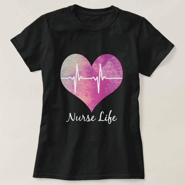 T-shirt La vie d'infirmière - coeur ECG d'aquarelle (Design devant)