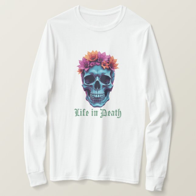 T-shirt La vie en mort, en fleurs en bleu (Design devant)